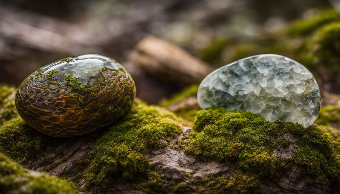 A nature photograph of Snake Skin Agate patterns on a moss-covered rock, with a bustling atmosphere and crystal clear details.