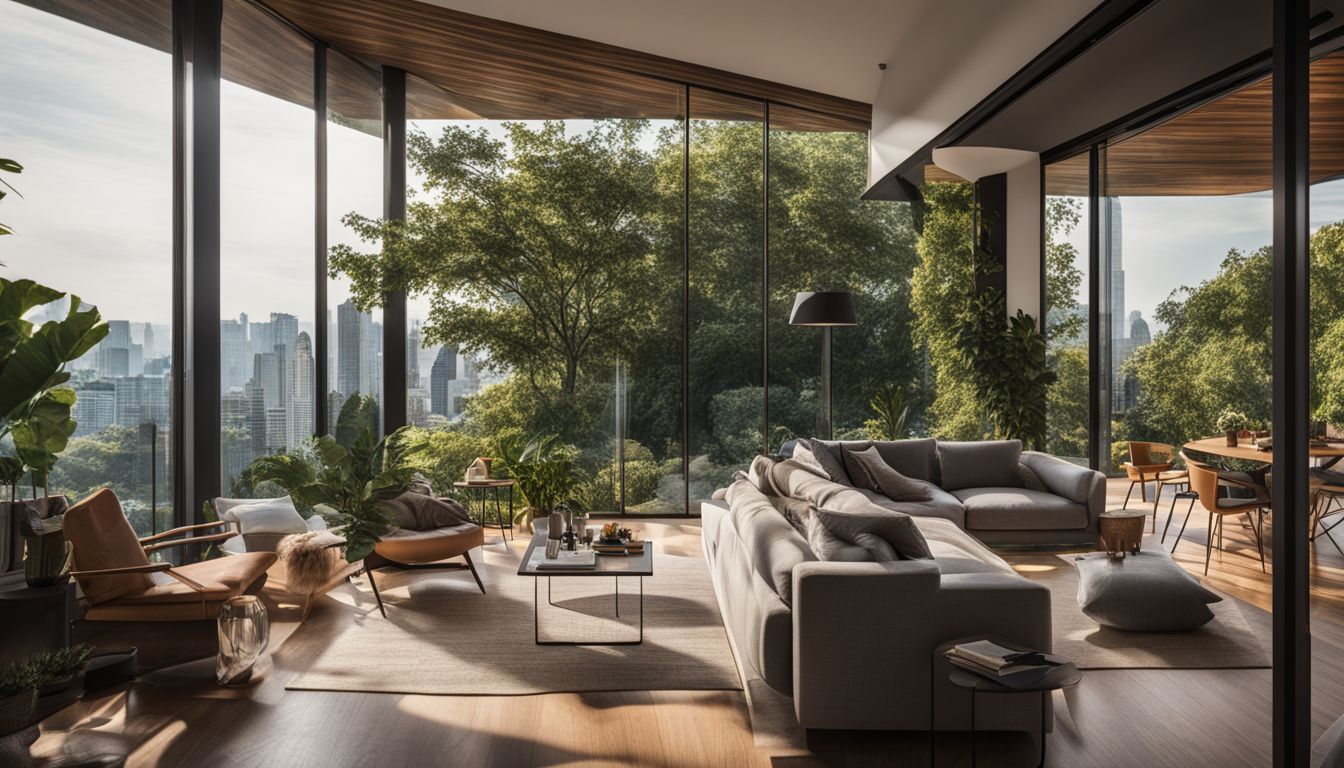 A modern home with casement windows overlooking a lush garden.
