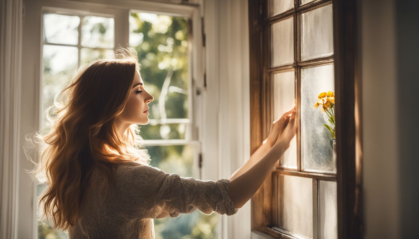 A young woman opening a casement window in a bright room.
