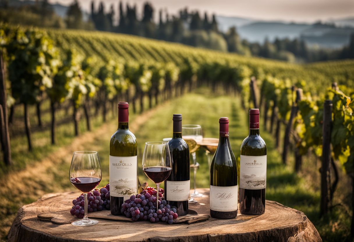 Wijngaard landschap met Nebbiolo druiven en Barolo wijnflessen.