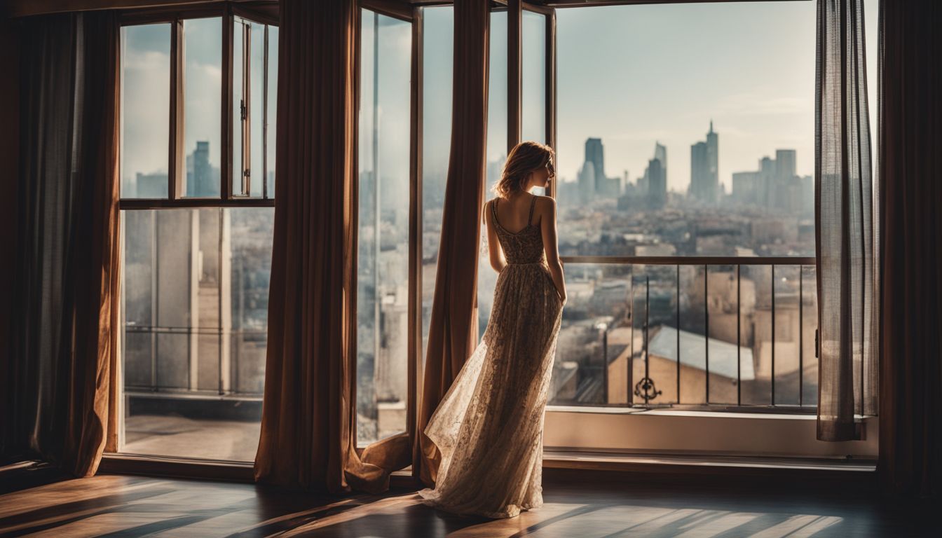 An open window with billowing curtains in a bustling cityscape.