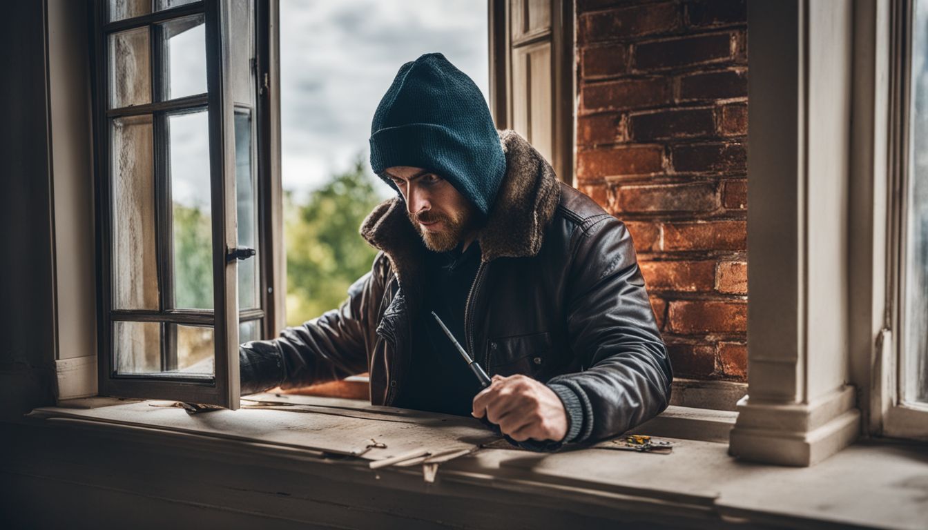 A burglar attempting to break into a building through a window.