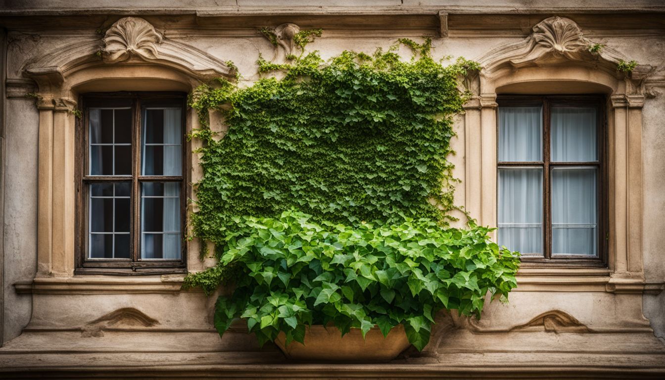 Photo of old wooden casement window in historic building surrounded by ivy.