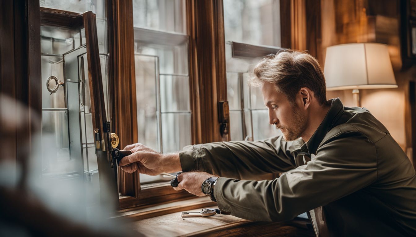 A locksmith examines a casement window lock for security recommendations.