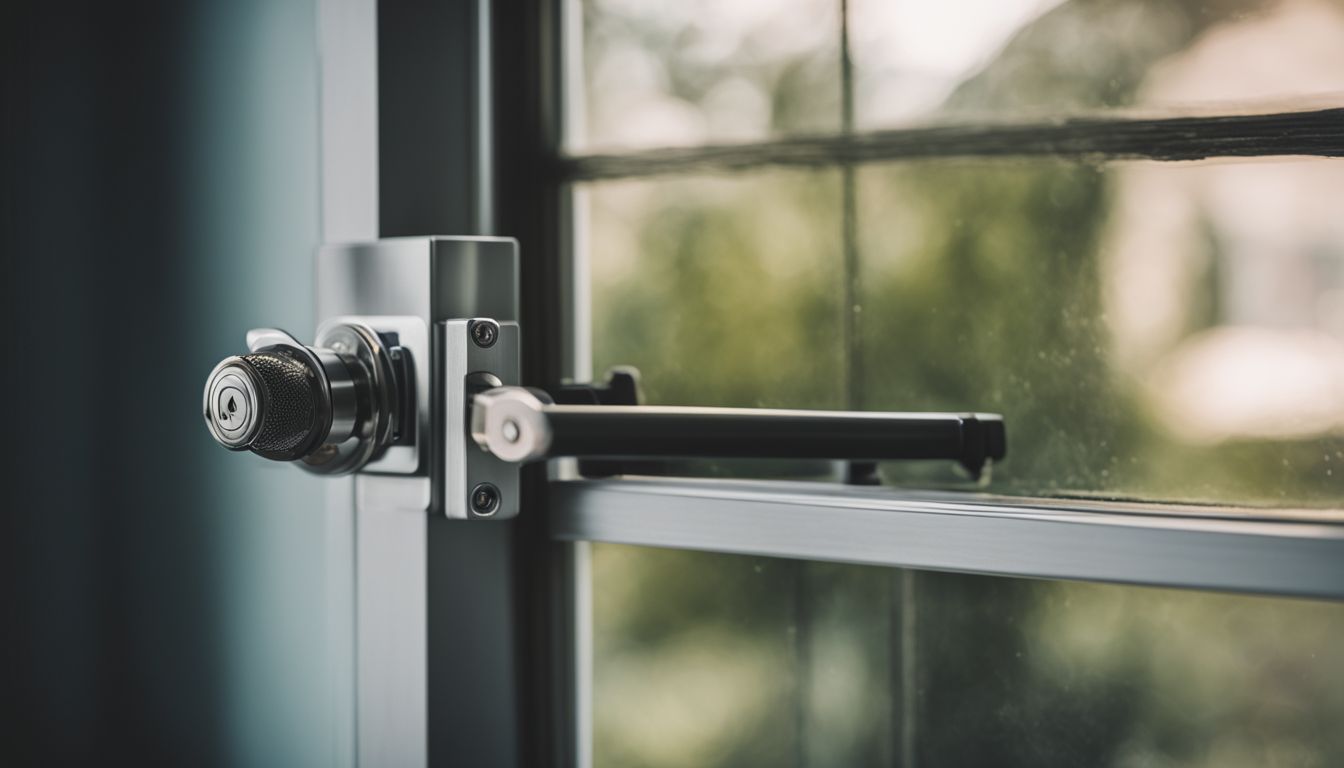 A high-security lock on a closed casement window symbolizing home security.