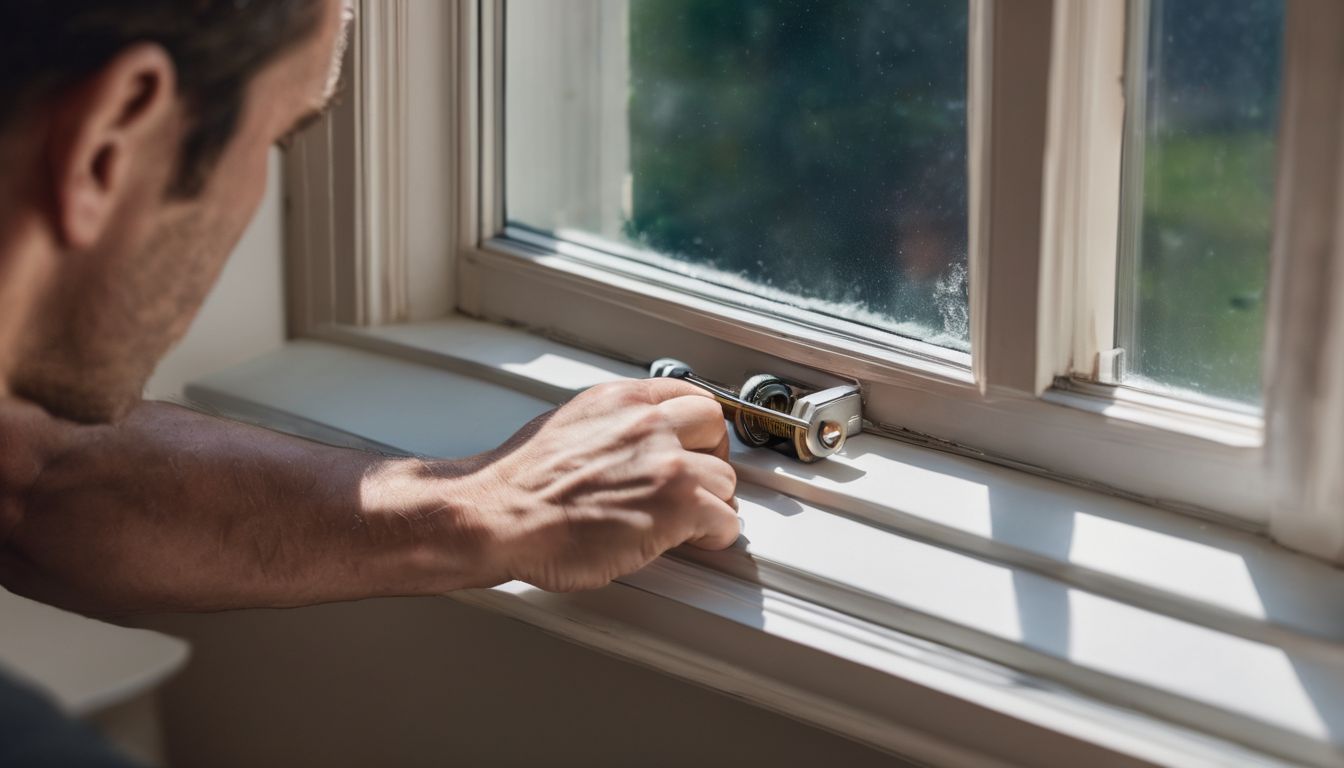 A person installing a secure window lock on a casement window.