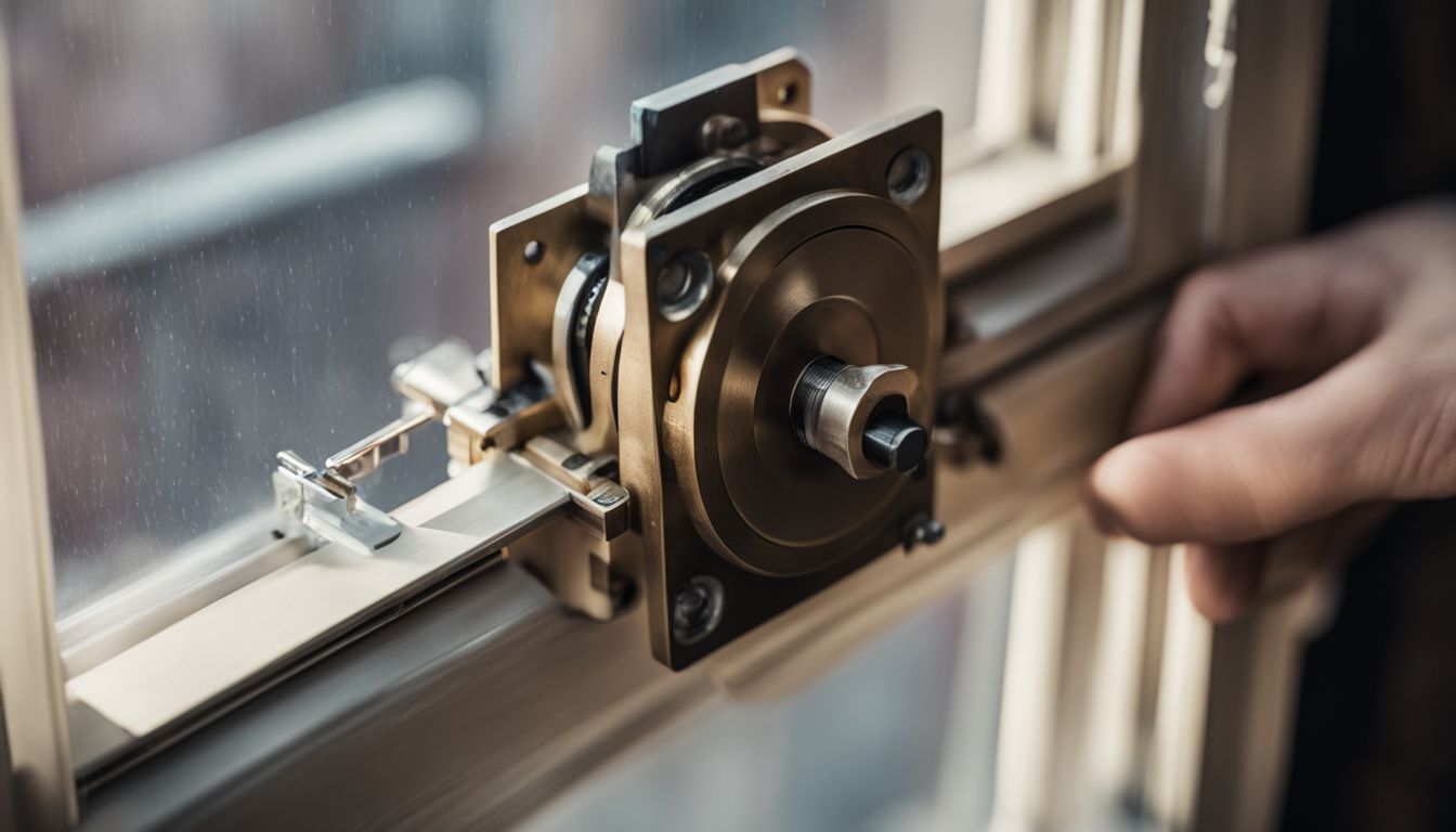 A close-up photo of a casement window's locking mechanism.