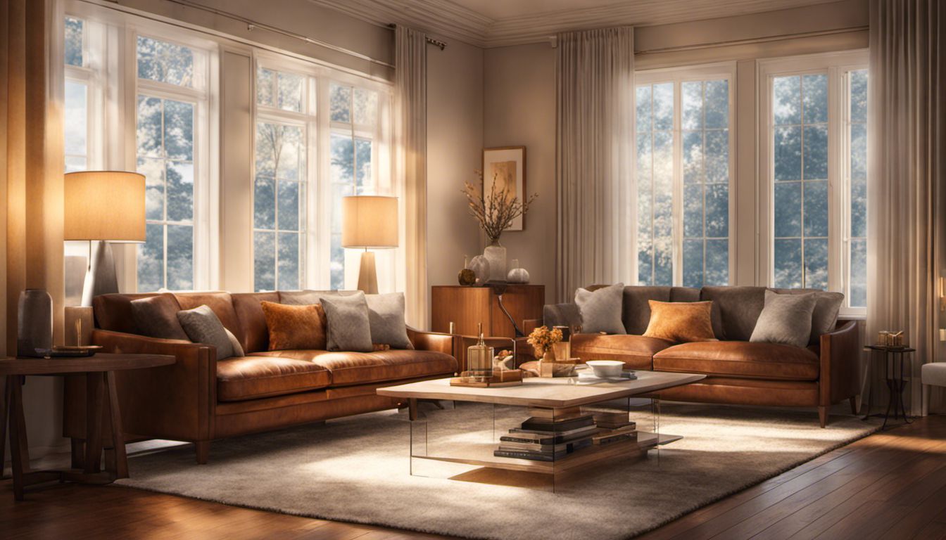 A comfortable living room showcasing elegant window film and warm décor.