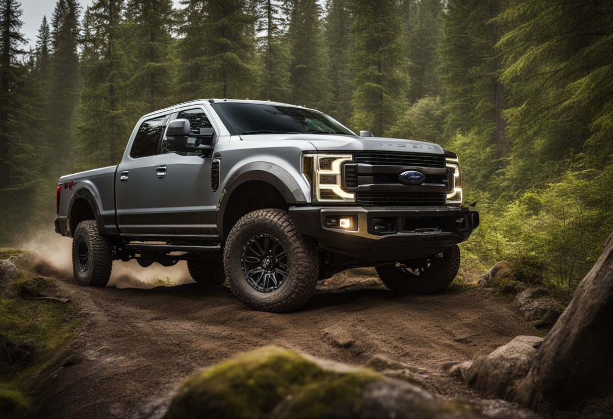 A Ford F-250 truck off-roading on a scenic trail surrounded by nature.