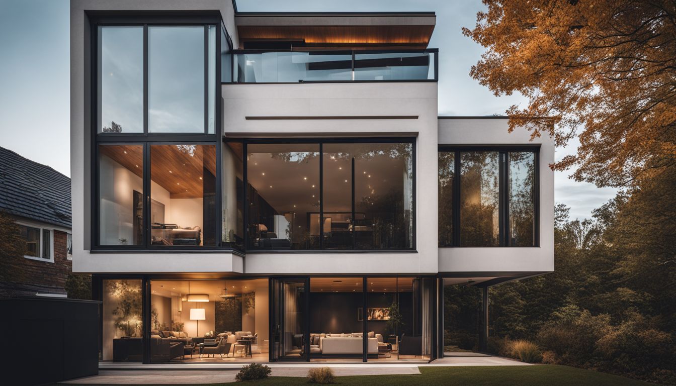 A modern house with large casement windows in a bustling cityscape.