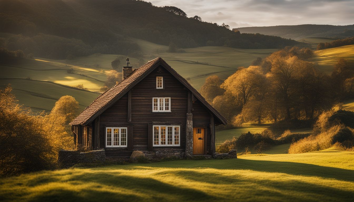 A rustic cottage overlooking a scenic countryside landscape in a bustling atmosphere.
