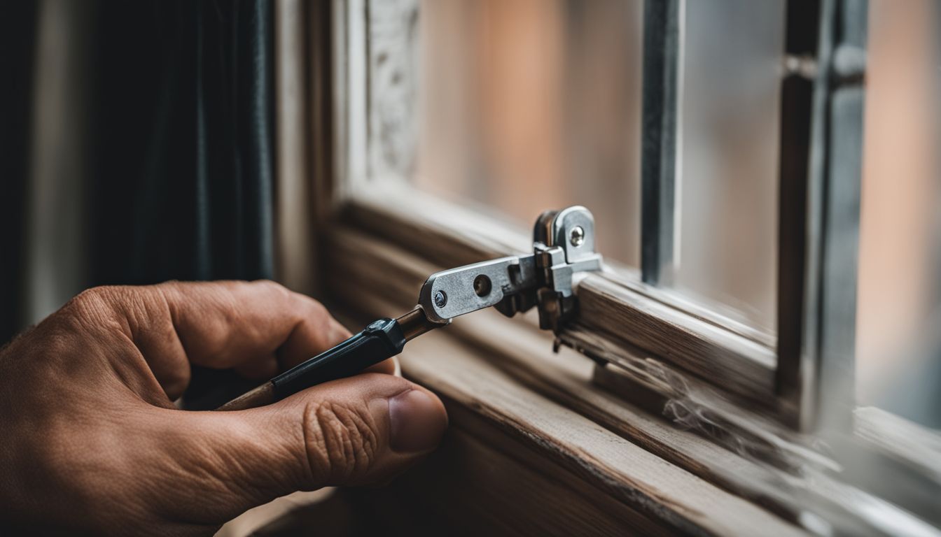 Close-up of a casement window hinge being adjusted with a screwdriver.