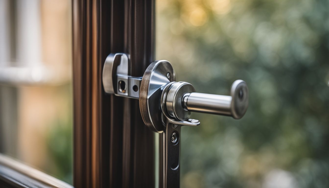 Close-up photo of a casement window lock showcasing its hook-shaped design.