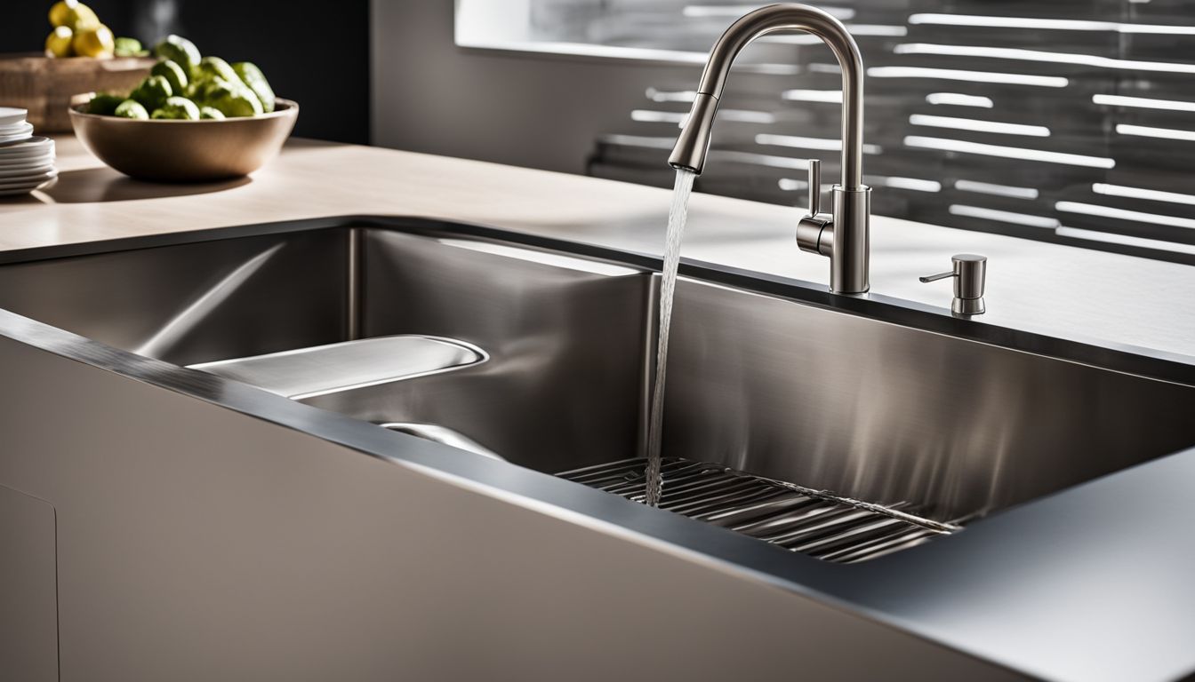 A photo of a modern kitchen sink with various accessories.