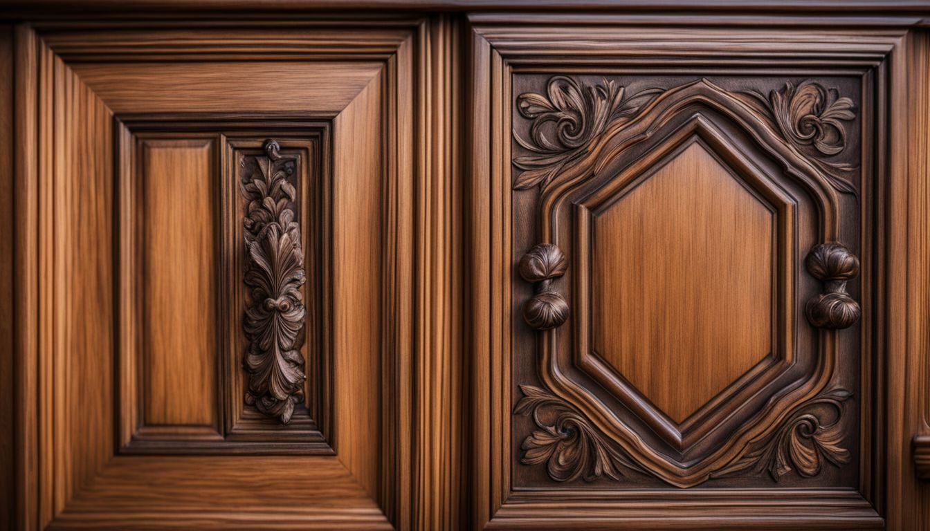 A close-up photo of a beautifully designed cabinet door with unique hardware.