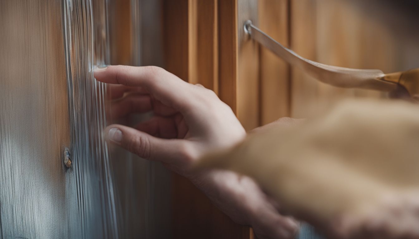 A person's hand installing glass onto a wooden cabinet door.