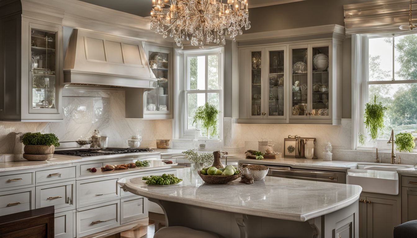 A beautifully decorated kitchen with glass front cabinets showcasing fine china.