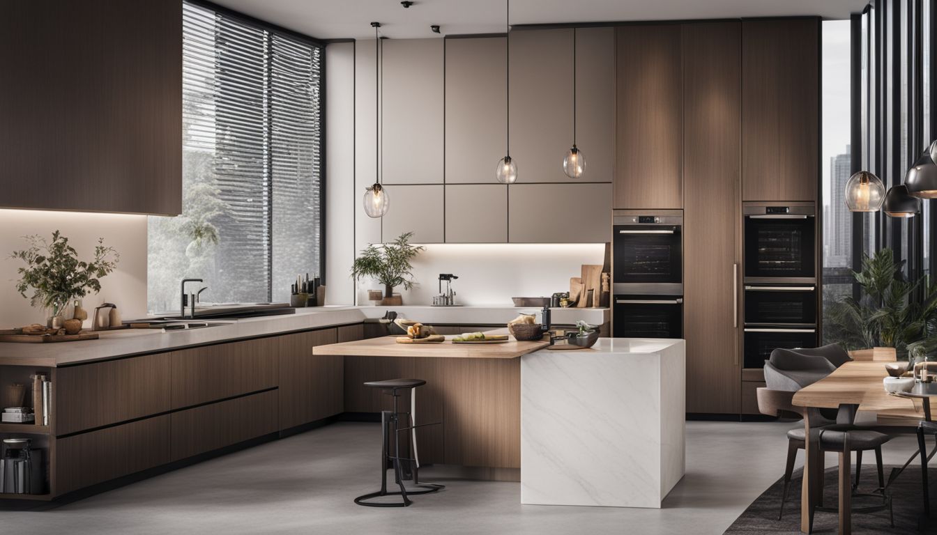 A modern kitchen with sleek cabinets, a workbench, and efficient appliances.