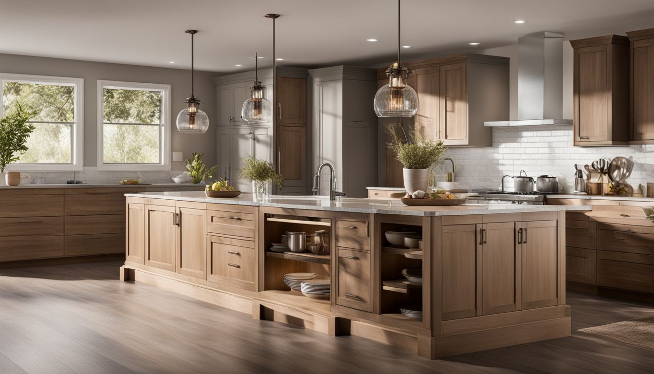 An elegant kitchen with durable unfinished wood cabinets, showcasing timeless appeal.