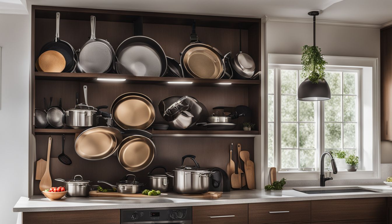 A well-organized kitchen cabinet is pictured with a variety of pots and pans.