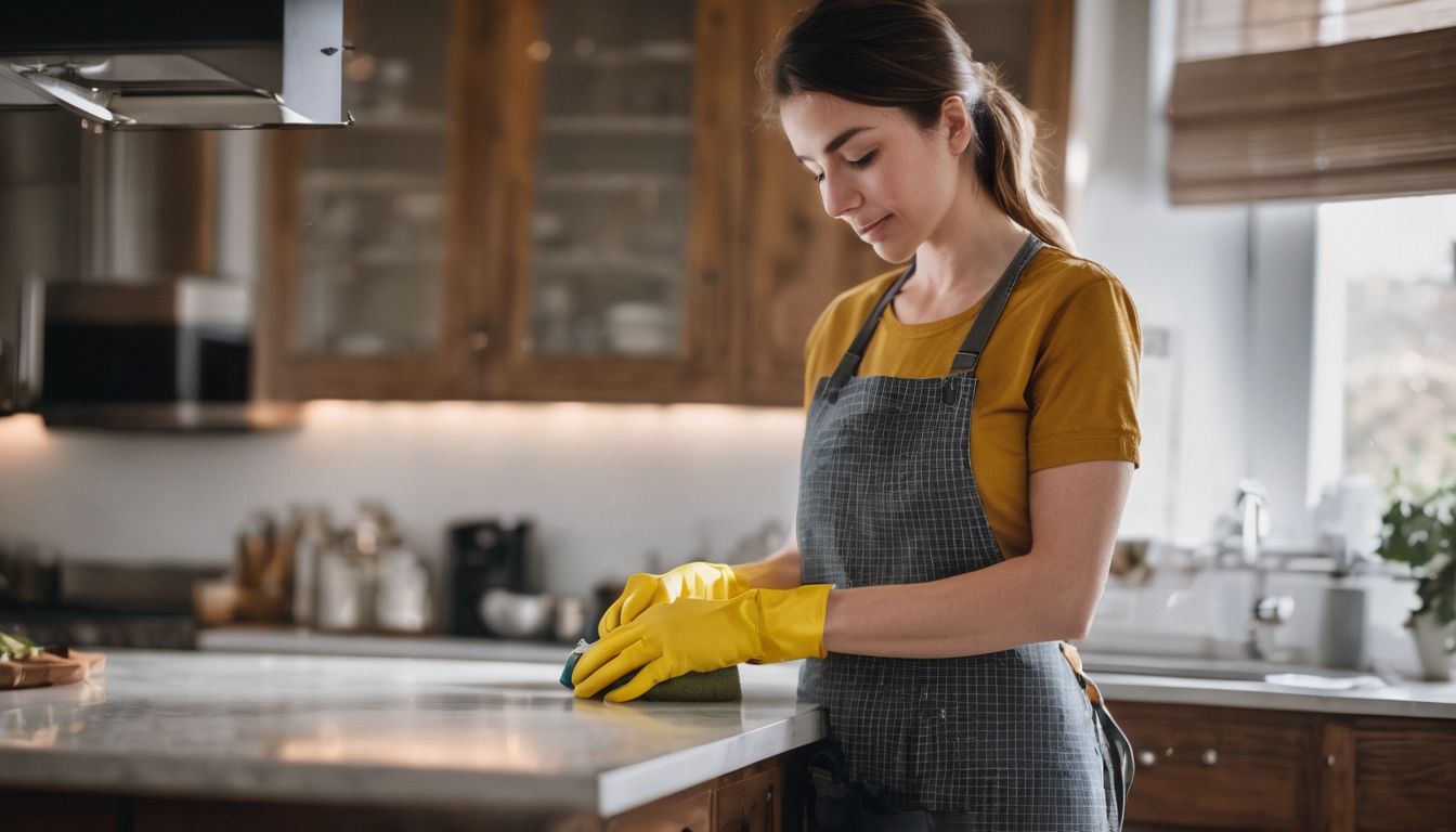 A person cleaning kitchen cupboards while wearing gloves.