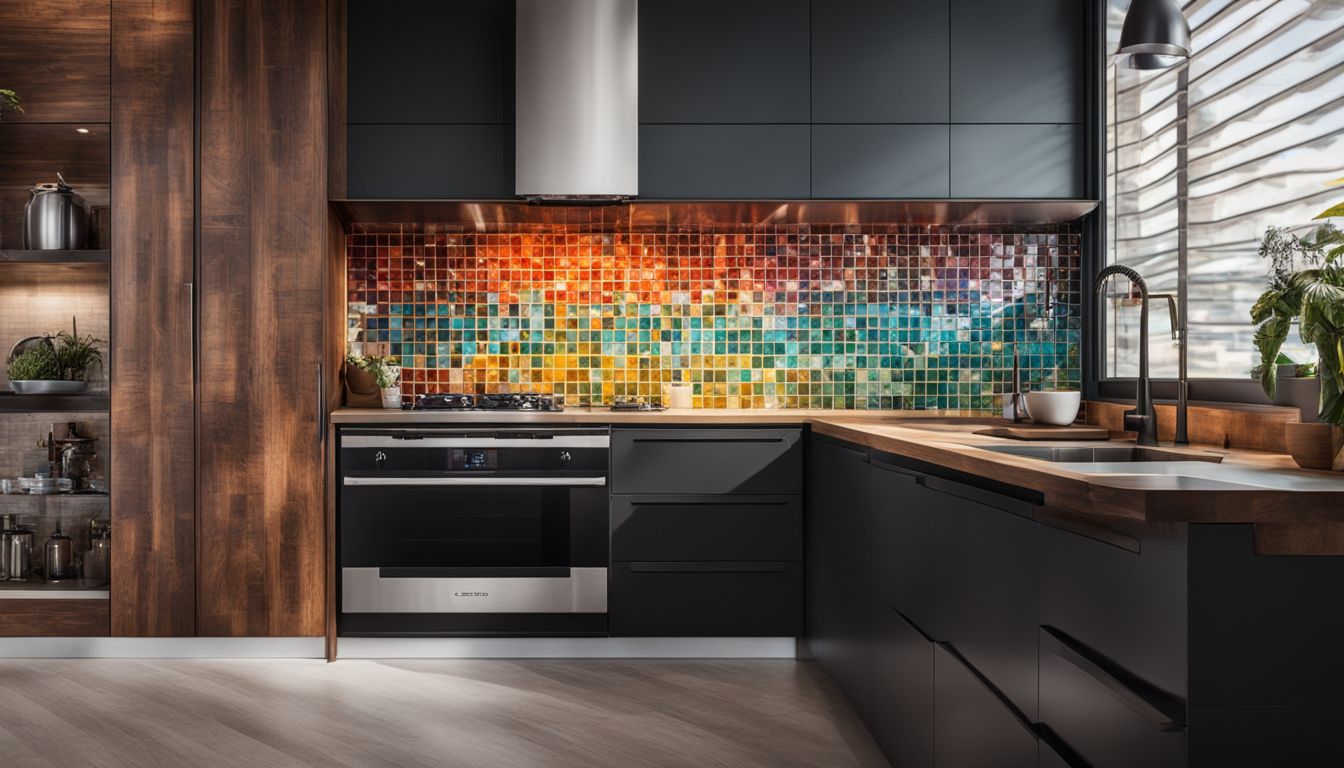 A vibrant mosaic tile backsplash in a modern kitchen.