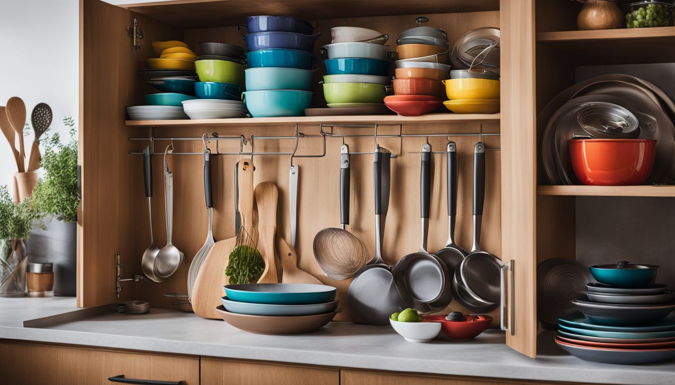 A meticulously organized kitchen cabinet displaying colorful cookware and utensils.