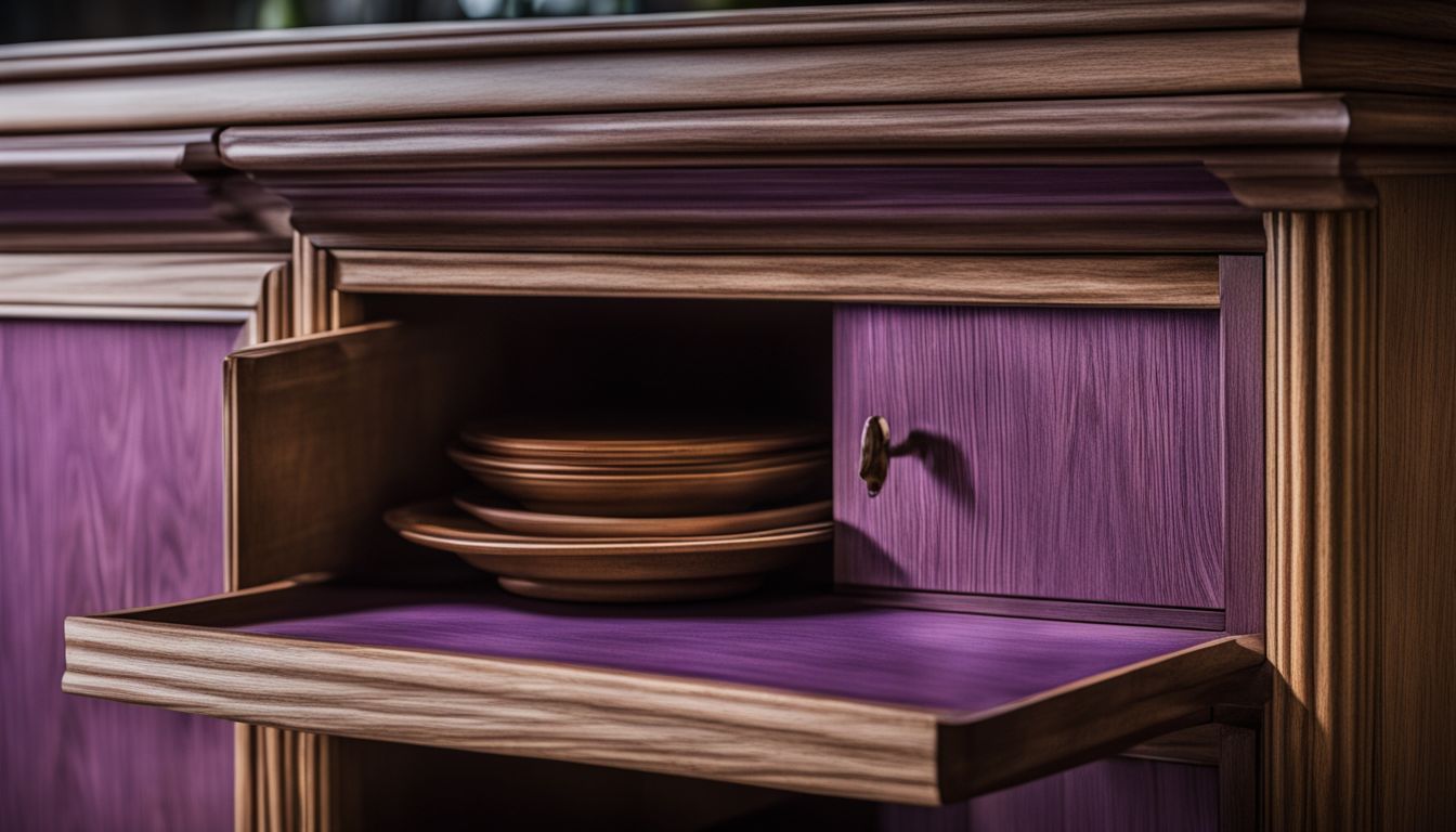 A close-up photo of an oak cabinet with a purple-toned stain.