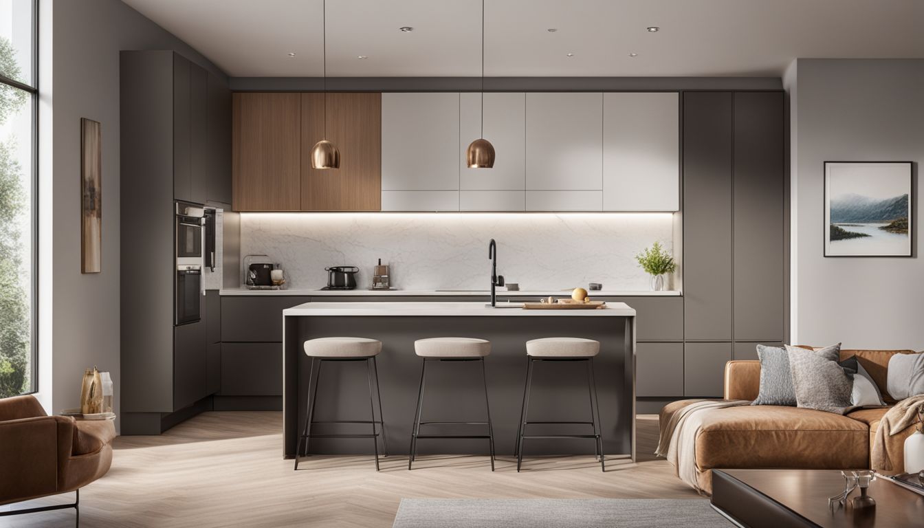 A modern kitchen with assembled cabinets showcasing sleek design and storage.