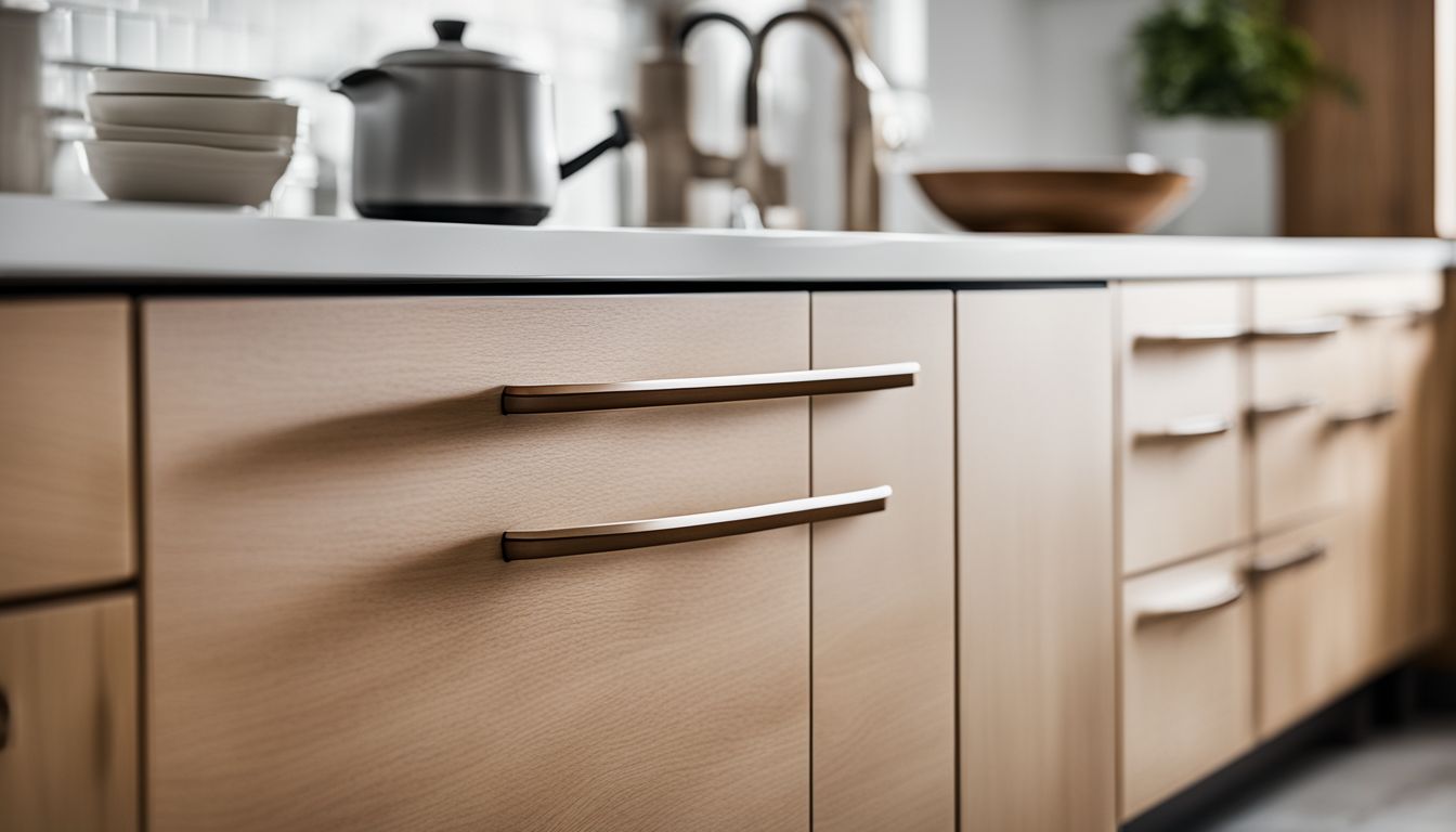 Bold drawer pulls on oak cabinets displayed on a clean kitchen counter.