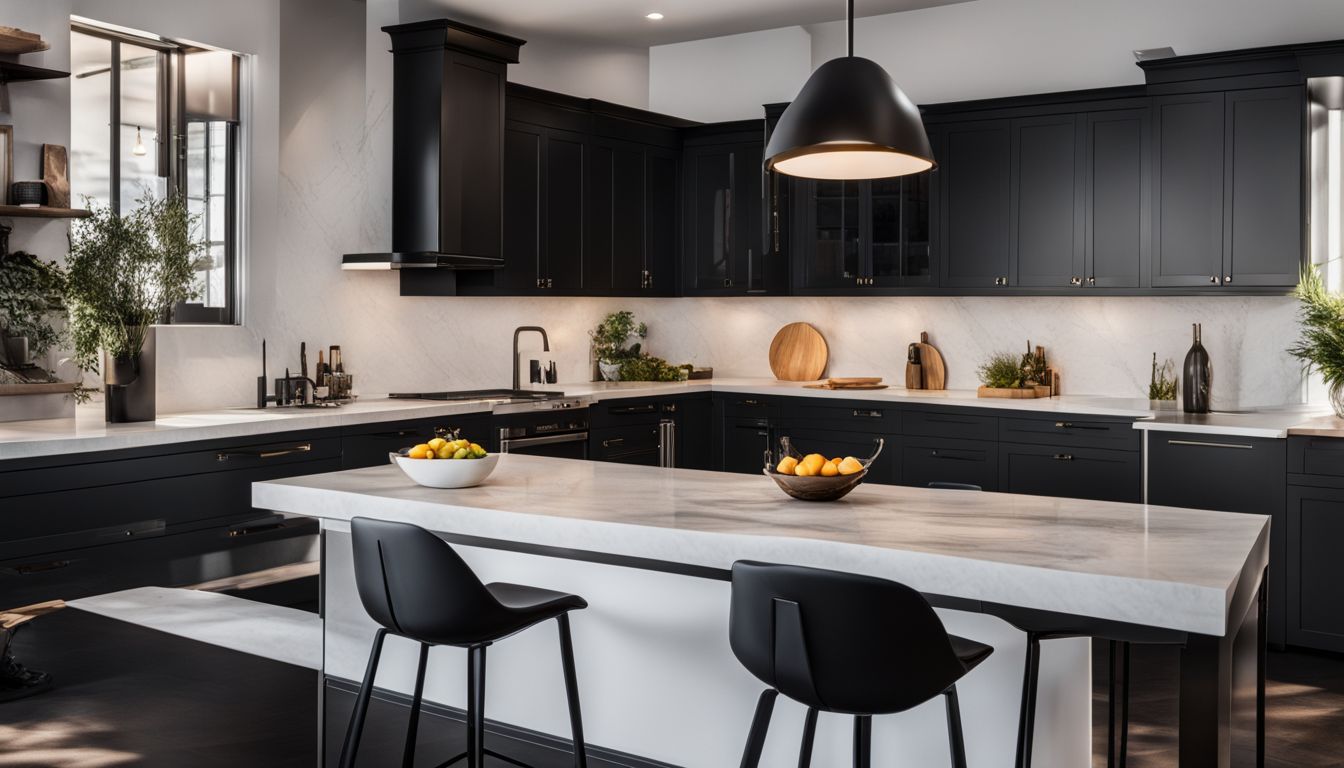 A modern kitchen with sleek black hardware and detailed human faces.
