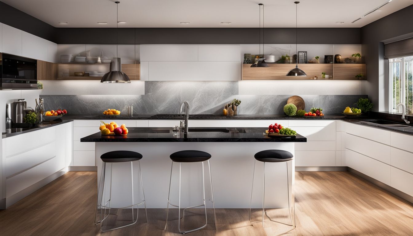 A modern kitchen with black granite countertops, white cabinets, and colorful fruits.