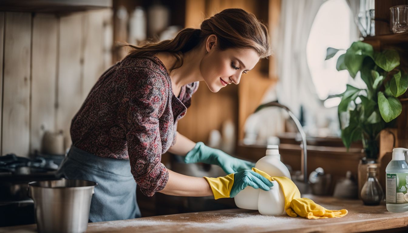 A woman cleaning wooden cabinets with baking soda paste.