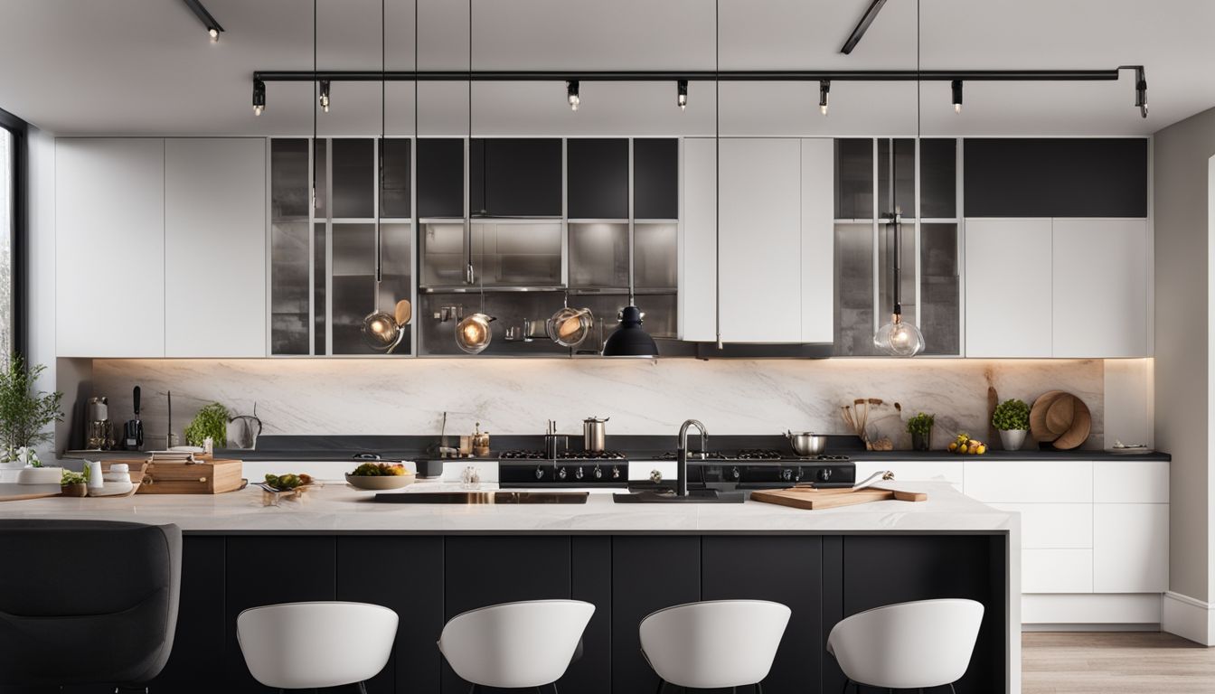 A modern kitchen with white cabinets and black countertops showcasing stylish cooking utensils and appliances.