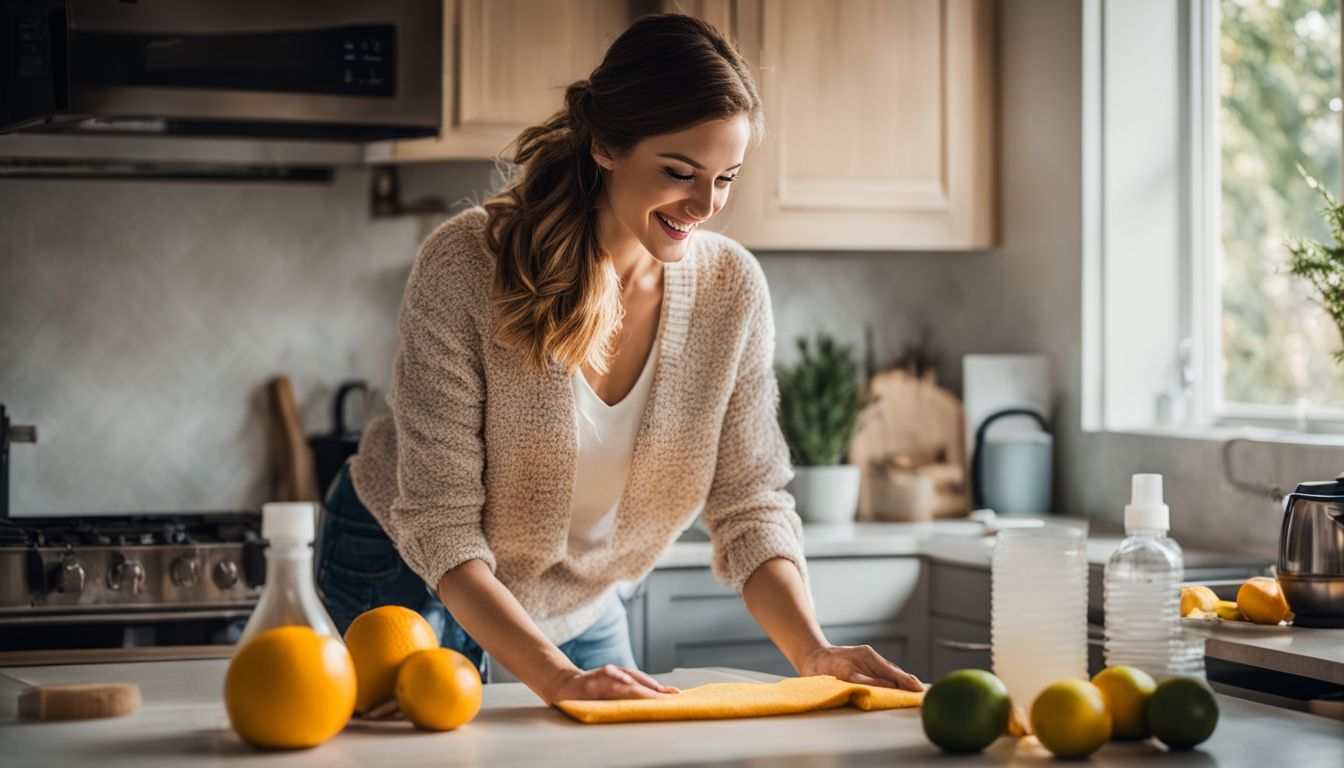 A woman joyfully cleans her kitchen cabinets with a citrus-based cleaner.