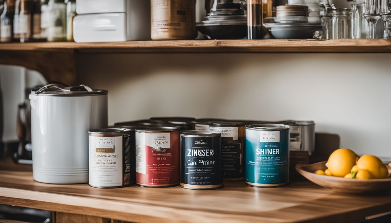 An open can of Zinnser BIN Shellac Primer surrounded by various kitchen cabinets.