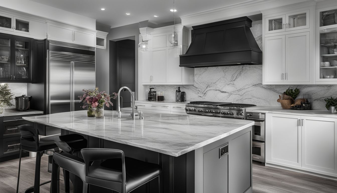 A black and white kitchen with sleek appliances and a marble countertop.