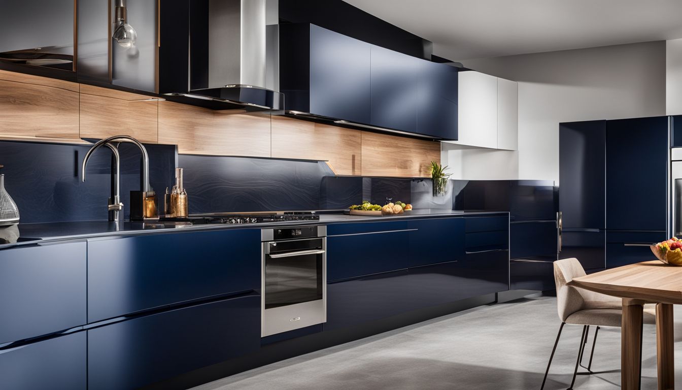 A close-up of vibrant navy blue cabinet doors in a modern kitchen.