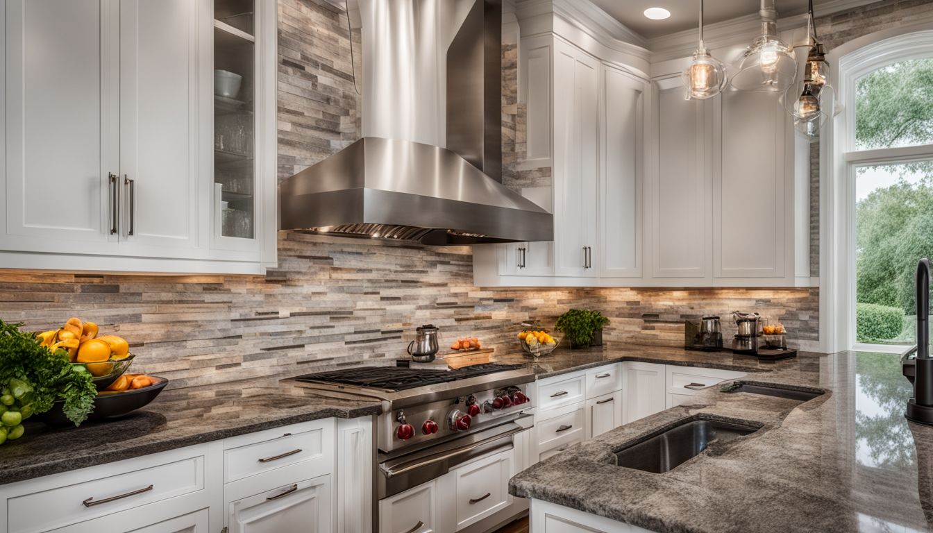 A modern kitchen with a brick backsplash, white cabinets, and granite countertops.