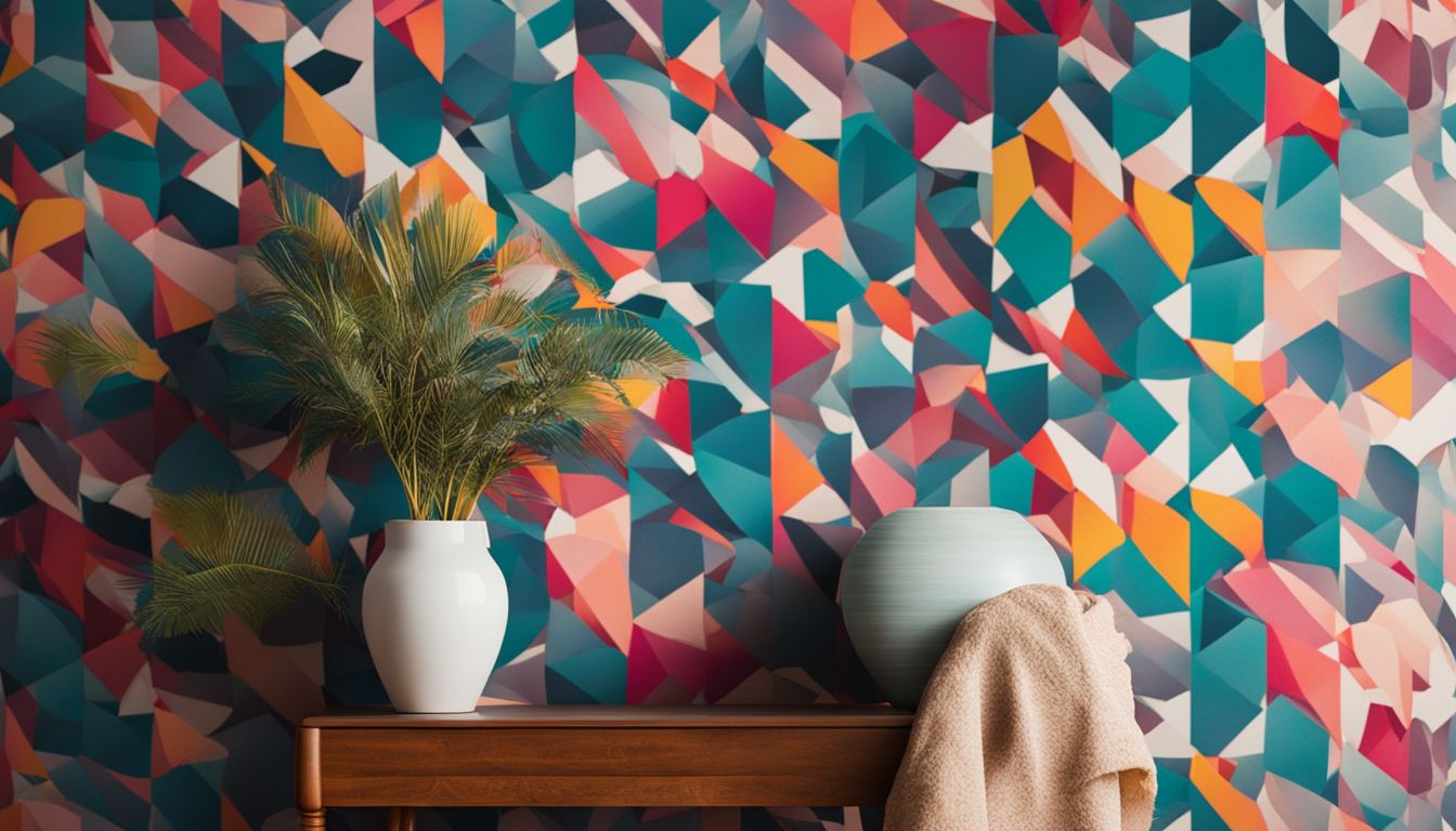 A roll of colorful peel-and-stick wallpaper against a blank wall.