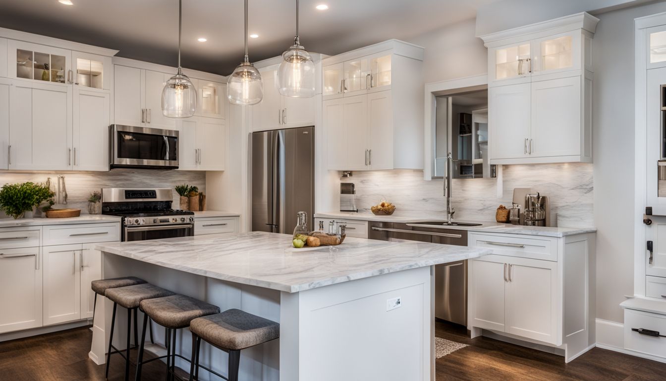 A kitchen with white shaker-style cabinets, marble countertops, and stainless steel appliances.