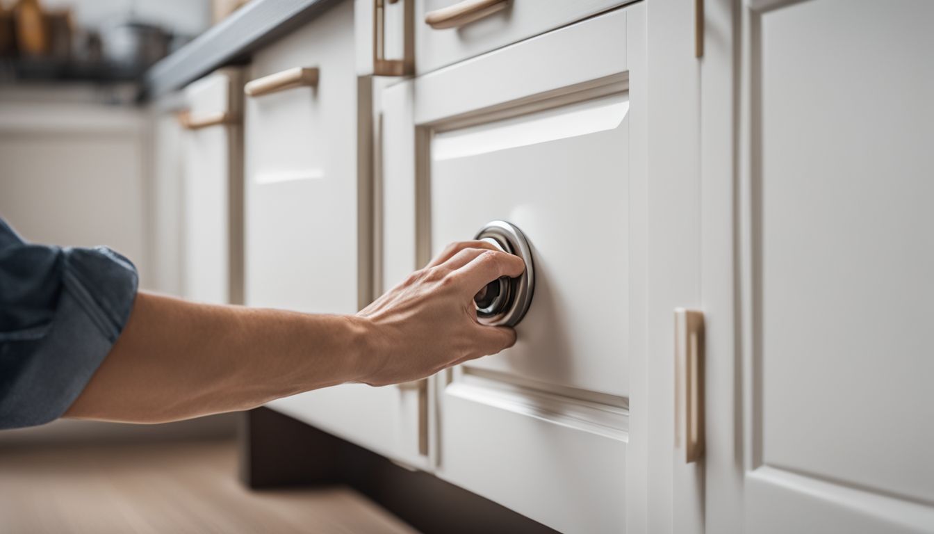 A hand installing a modern cabinet knob on a white kitchen cabinet.