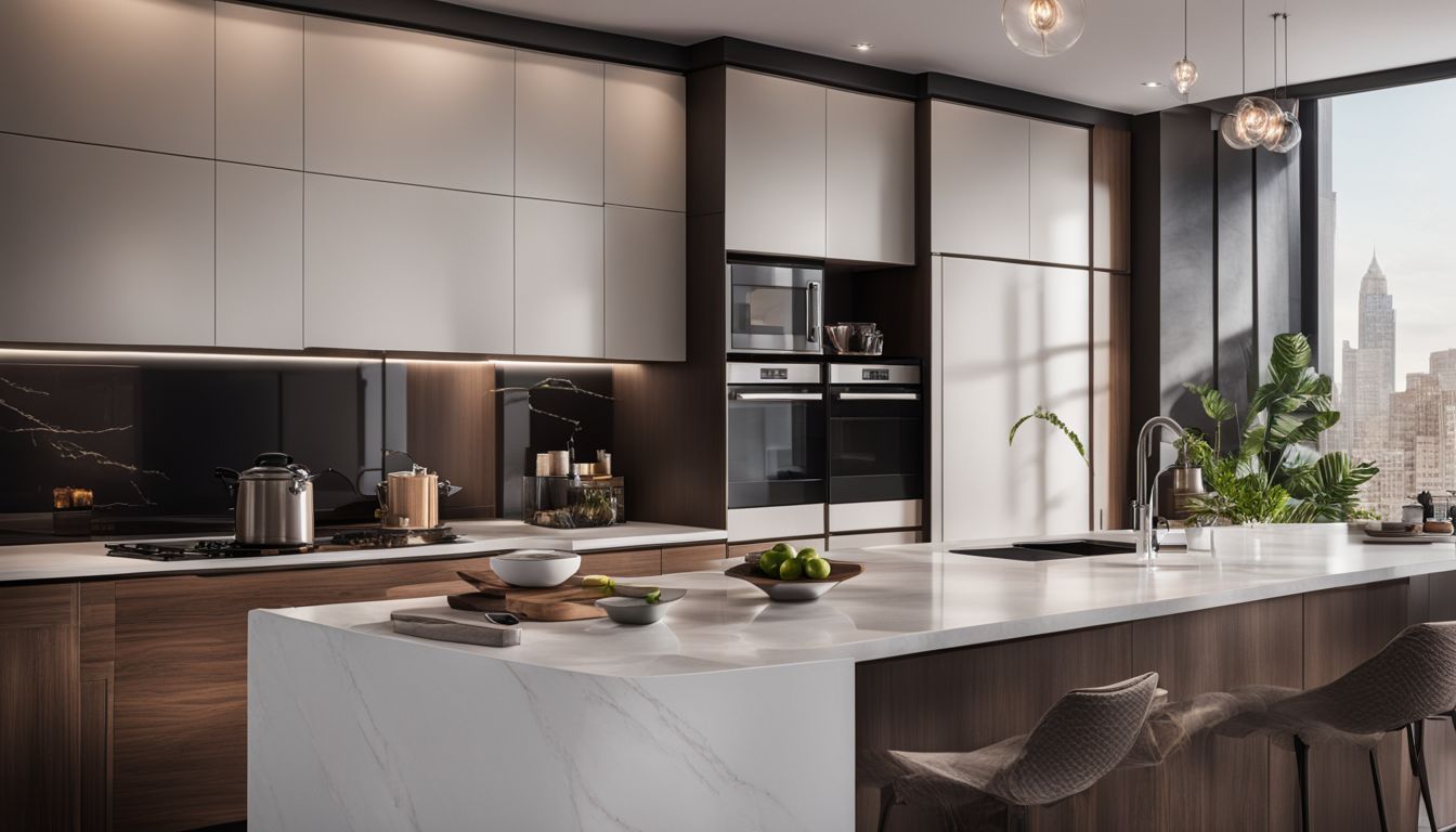A modern kitchen with brand new cabinets and a bustling atmosphere.