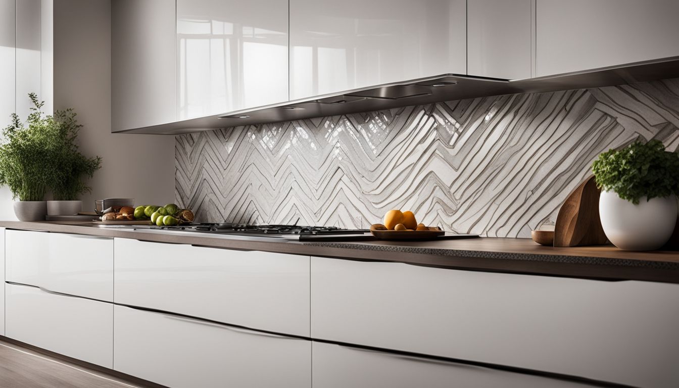 A close-up shot of a modern kitchen with white cabinets and granite countertops, showcasing a sleek Chevron Zig Zag backsplash.