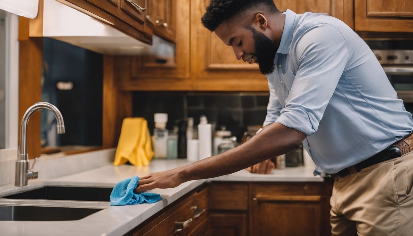 A person cleaning a cabinet with a microfiber cloth and cleaner.