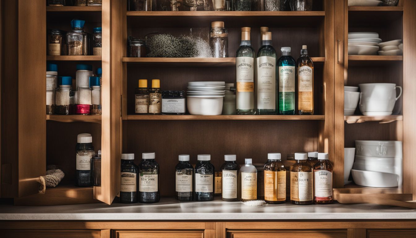 A well-organized wooden kitchen cabinet displaying various cleaning products.