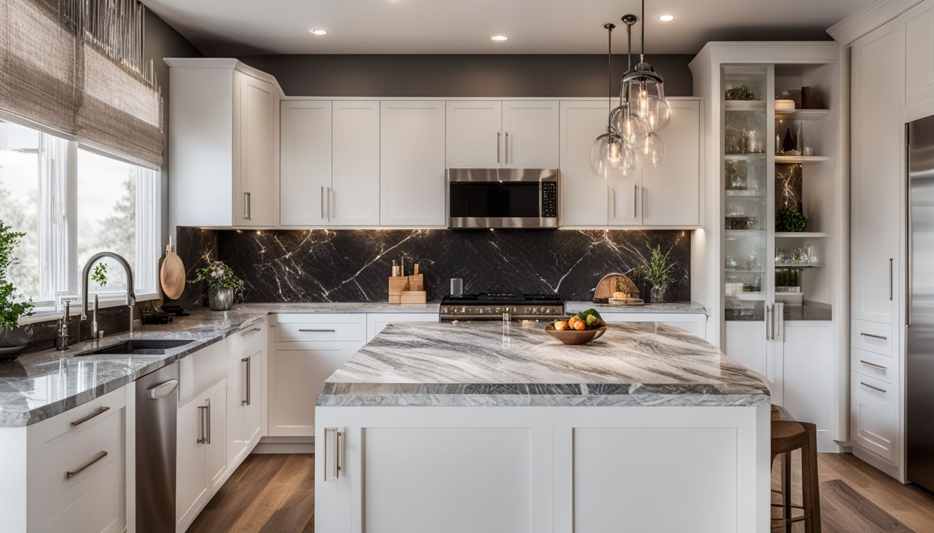 Contemporary kitchen with white cabinets, granite countertops, and marble backsplash.
