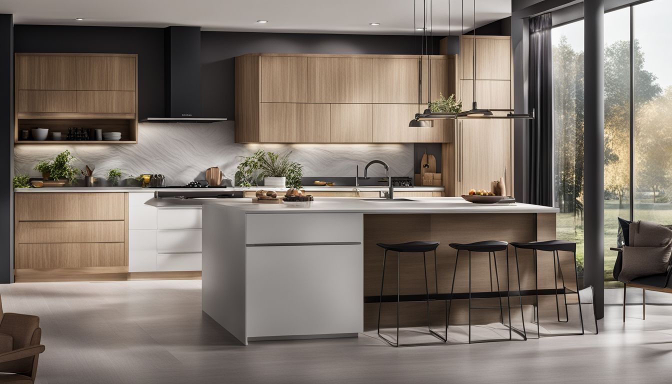 A modern kitchen with various cabinet styles and designs.