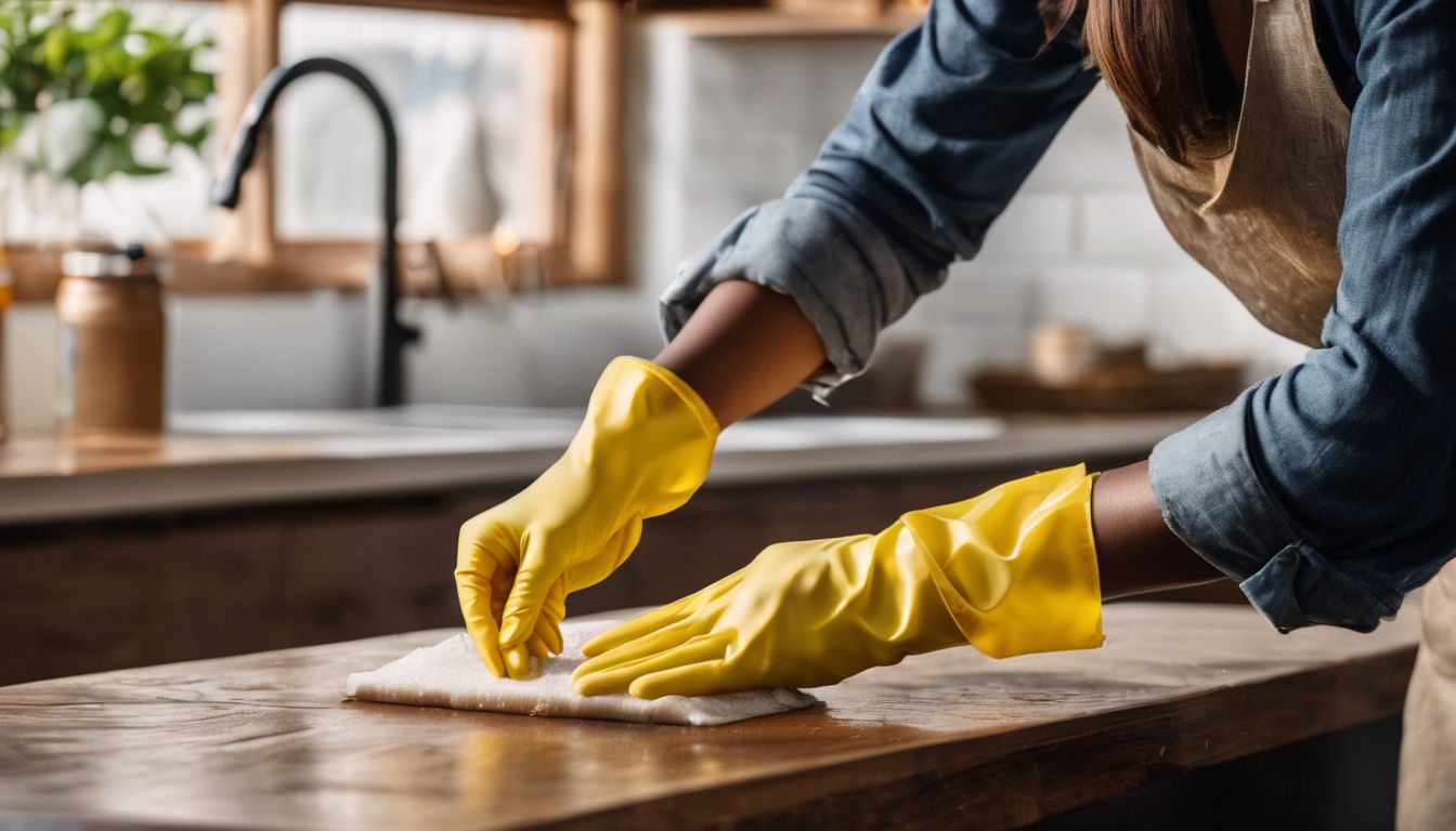 A person cleaning wood kitchen cabinets using oil-based soap.
