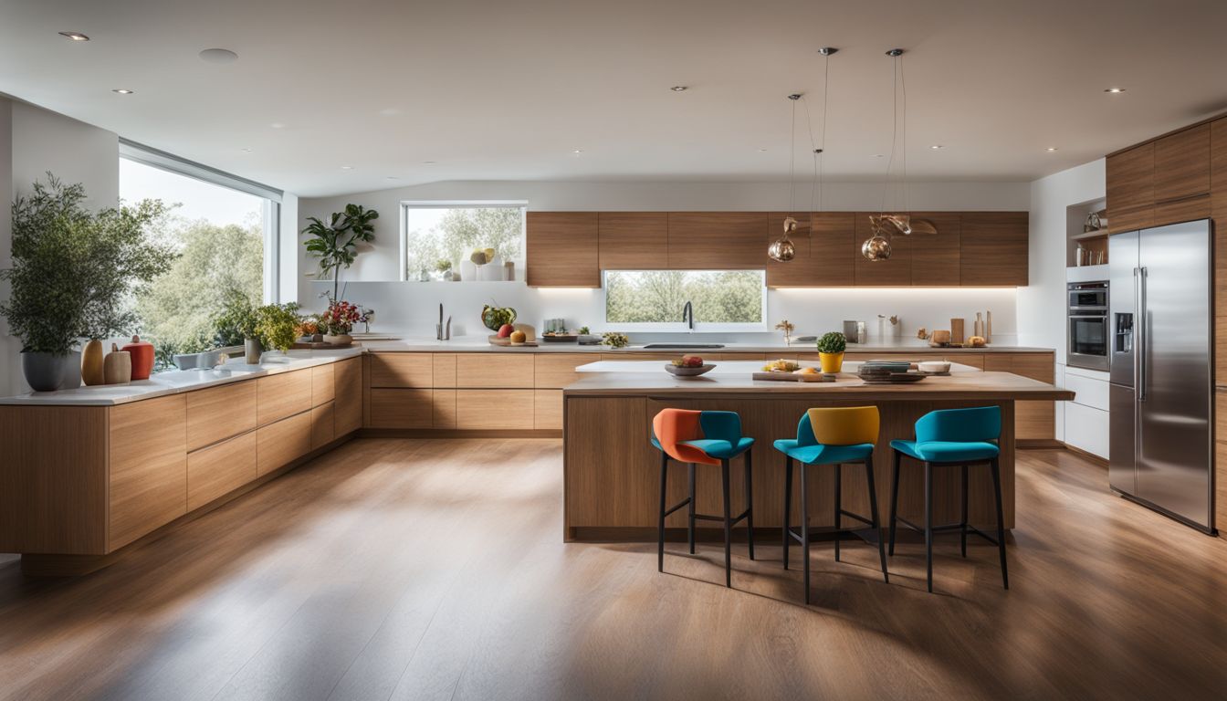 A contemporary kitchen with stylish oak cabinets, colorful artwork, and unique decor.